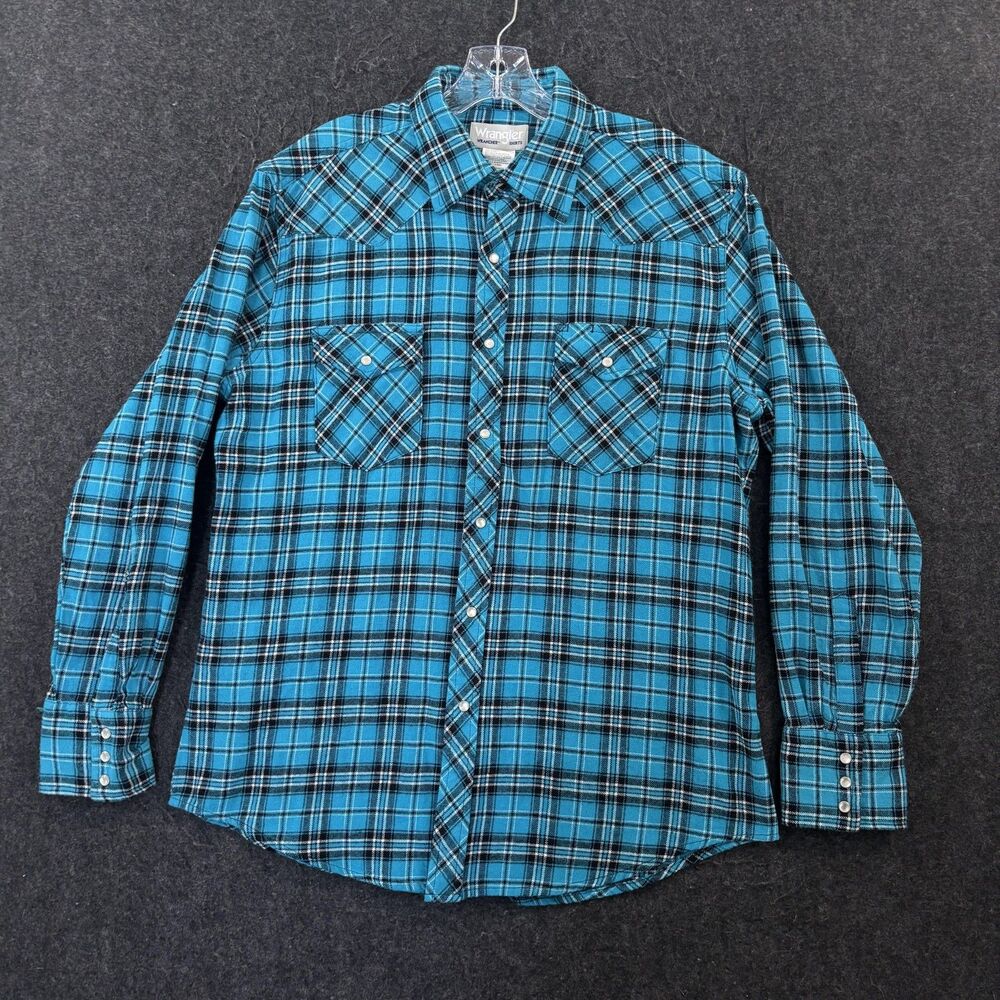 Wrangler Shirt Men's Large Blue Plaid Flannel Snap Western Pockets Cowboy Rodeo